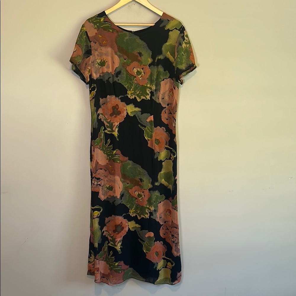 Coldwater Creek Black and Olive Floral Full Length Guest Dress